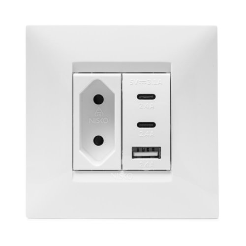 מארז טריפל USB עם שקע דו פיני לקופסא 55, מתאם ומסגרת SEE לבנה ניסקו סוויץ'